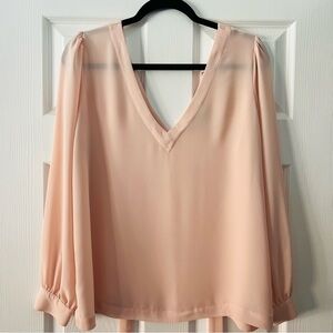 LOFT Pink V-Neck Long Sleeve Blouse with Bow, Size M